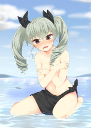 Rule 34 | 10s, 1girl, :o, anchovy (girls und panzer), aqua hair, artist name, bare legs, barefoot, black ribbon, black skirt, blue sky, blush, breasts, brown eyes, cleavage, collarbone, covering privates, covering breasts, day, drill hair, full body, girls und panzer, head tilt, highres, horizon, legs, long hair, looking at viewer, midriff, navel, nigo (aozoragarou), nose blush, ocean, open mouth, outdoors, ribbon, self hug, side slit, sitting, skirt, sky, small breasts, solo, stomach, teardrop, tears, teeth, thighs, tied skirt, twin drills, twintails, wariza, water