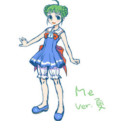 Rule 34 | 1girl, :d, ahoge, bare arms, bare shoulders, bloomers, blue dress, blue footwear, blush, dress, full body, green hair, looking at viewer, me-tan, open mouth, os-tan, shoes, sign, simple background, sleeveless, sleeveless dress, smile, solo, standing, underwear, warning sign, white background, white bloomers