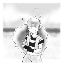 Rule 34 | 1girl, bandana, border, closed eyes, closed mouth, collarbone, cowboy shot, creatures (company), curly hair, double popsicle, eating, eyelashes, food, game freak, hkuuu, holding, holding food, holding popsicle, jacket, long hair, midriff, monochrome, musical note, nintendo, pokemon, pokemon rse, popsicle, shelly (pokemon), shirt, solo, spoken musical note, striped clothes, striped shirt, water, white border