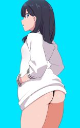 Rule 34 | 10s, 1girl, ass, bebebe (pepegakii), black hair, black panties, blue background, blue eyes, blush, breasts, gridman universe, hands in pockets, highres, hip focus, long hair, long sleeves, looking at viewer, looking to the side, medium breasts, open mouth, panties, simple background, smile, solo, ssss.gridman, sweater, takarada rikka, thighs, underwear, white sweater