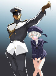 Rule 34 | 10s, 1boy, 1girl, admiral (kancolle), aiguillette, assisted exposure, blue eyes, clothes pull, clothes writing, gradient background, hat, kantai collection, leaning forward, long sleeves, military, military uniform, motion blur, open mouth, peaked cap, sailor collar, sailor hat, shirt pull, shirt tug, shirubaburu, short hair, silver hair, uniform, z1 leberecht maass (kancolle)