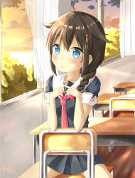 Rule 34 | 10s, 1girl, ahoge, black hair, black serafuku, blue eyes, braid, chair, classroom, commentary request, desk, hair flaps, hair ornament, highres, indoors, kantai collection, long hair, looking at viewer, mikoillust, parted lips, pleated skirt, school, school chair, school desk, school uniform, serafuku, shigure (kancolle), shigure kai ni (kancolle), single braid, sitting, skirt, solo, twilight, wind, window