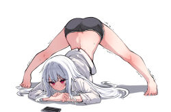 1girl absurdres arched_back arm_rest ass barefoot black_shorts cellphone feet flexible full_body hands_on_ground highres jack-o&#039;_challenge kimhiro legs legs_apart long_hair original phone red_eyes shirt short_shorts shorts simple_background smartphone solo spread_legs stretching thighs toes top-down_bottom-up trembling white_background white_hair white_shirt wide_spread_legs