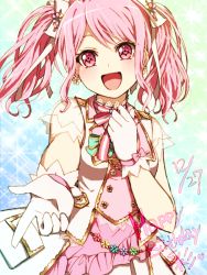 Rule 34 | 1girl, :d, akasata, bang dream!, blush, dated, dress, earrings, flower, flower earrings, frills, gloves, hair ribbon, hand on own chest, jewelry, maruyama aya, neck ribbon, open mouth, outstretched hand, overskirt, pink dress, pink eyes, pink hair, pink ribbon, pointing, ribbon, see-through, see-through sleeves, short sleeves, sidelocks, smile, solo, sparkle background, striped ribbon, twintails, vest, white gloves, white ribbon