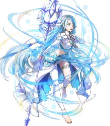 Rule 34 | 1girl, anklet, artist request, asymmetrical legwear, azura (fire emblem), bare shoulders, barefoot, blue hair, blue ribbon, breasts, detached sleeves, dress, energy, feet, fingerless gloves, fire emblem, fire emblem fates, fire emblem heroes, full body, gem, gloves, headband, highres, holding, holding weapon, jewelry, kaya8, lance, lips, long hair, looking to the side, medium breasts, nintendo, official art, open mouth, pendant, polearm, ribbon, sidelocks, solo, sparkle, strapless, strapless dress, thighlet, transparent background, uneven legwear, veil, very long hair, weapon, white dress, white legwear, yellow eyes