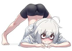 Rule 34 | 1girl, ahoge, arched back, ass, bags under eyes, barefoot, bike shorts, black shorts, eha7y, feet, flexible, full body, hands on ground, jack-o&#039; challenge, legs, legs apart, original, red eyes, shaded face, shirt, short hair, shorts, silver hair, smile, solo, spread legs, stretching, thighs, toes, top-down bottom-up, wasabi-chan (eha7y), white shirt, wide spread legs