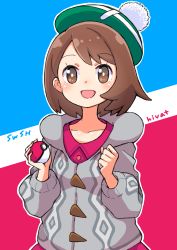 Rule 34 | 1girl, :d, absurdres, bad id, bad pixiv id, blush, bob cut, bright pupils, brown eyes, brown hair, buttons, cable knit, cardigan, collared dress, commentary request, copyright name, creatures (company), dress, eyelashes, game freak, gloria (pokemon), green hat, grey cardigan, hat, highres, hiva+, holding, holding poke ball, hooded cardigan, nintendo, open mouth, pink dress, poke ball, poke ball (basic), pokemon, pokemon swsh, short hair, smile, solo, tam o&#039; shanter, tongue, white pupils