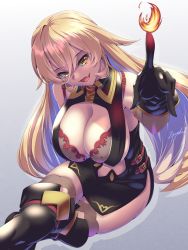 Rule 34 | 1girl, black dress, black gloves, blonde hair, breasts, cleavage, cleavage cutout, clothing cutout, dress, fang, fire, gloves, hair between eyes, highres, long hair, looking at viewer, magic, nijisanji, nui sociere, nui sociere (1st costume), open mouth, pelvic curtain, side slit, skin fang, solo, virtual youtuber, yellow eyes, zephid