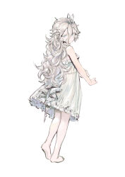 Rule 34 | 1girl, absurdres, antenna hair, bare shoulders, barefoot, blue eyes, commentary, dress, full body, hair between eyes, hand on own arm, highres, leon v, long hair, looking at viewer, looking back, original, simple background, sketch, sleeveless, sleeveless dress, solo, wavy hair, white background, white dress, white hair