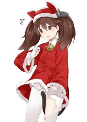 Rule 34 | 10s, 1girl, ^^^, akiha (attract), animal hat, bad id, bad twitter id, bell, between legs, blush, brown eyes, brown hair, cat hat, cat tail, cowboy shot, female focus, flat chest, fur trim, gloves, hat, kantai collection, kskasutera, long hair, open mouth, pantyhose, ryuujou (kancolle), santa costume, simple background, solo, sweatdrop, tail, tail between legs, tail censor, torn clothes, torn pantyhose, white background, white gloves, white pantyhose