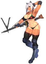 Rule 34 | 1girl, 23 (real xxiii), abs, absurdres, ammunition belt, animal ears, anonyma, arm up, armpits, bikini, bipod, black bikini, black thighhighs, boots, breasts, cat ears, cleavage, collarbone, commentary request, dark-skinned female, dark skin, elbow pads, eyes visible through hair, fake animal ears, female focus, fingerless gloves, full body, glasses, gloves, gun, highres, holding, holding gun, holding weapon, knee pads, large breasts, light machine gun, looking at viewer, machine gun, mg42, muscular, muscular female, navel, o-ring, o-ring bikini, purple eyes, revealing clothes, same ningen, short hair, silver hair, simple background, solo, standing, standing on one leg, swimsuit, tan, tanline, thick thighs, thighhighs, thighs, third-party source, underboob, weapon, white background