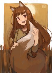 Rule 34 | 1girl, absurdres, animal ears, blunt bangs, border, brown background, brown hair, clothing request, commentary, dated, english commentary, fangs, highres, holding own tail, holo, kart prowler, light blush, long hair, long sleeves, open mouth, outside border, red eyes, signature, smile, solo, spice and wolf, standing, tail, teeth, upper teeth only, white border, wolf ears, wolf tail