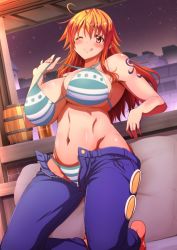 Rule 34 | 1girl, alternate breast size, artist request, bare shoulders, bikini, blush, breasts, cleavage, denim, jeans, large breasts, long hair, nami (one piece), navel, one eye closed, one piece, orange hair, pants, shoulder tattoo, solo, striped bikini, striped clothes, swimsuit, tattoo, unzipped