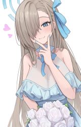 Rule 34 | 1girl, absurdres, asuna (blue archive), blue archive, blue dress, blue eyes, blue halo, blue nails, blue ribbon, bouquet, breasts, dress, flower, hair over one eye, hair ribbon, halo, heart, highres, holding, holding bouquet, icetea774, large breasts, light brown hair, long hair, looking at viewer, mole, mole on breast, nail polish, ribbon, simple background, solo, v, white background, white flower