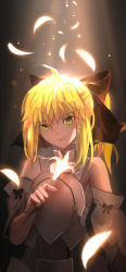 Rule 34 | 1girl, absurdres, armor, artoria pendragon (all), artoria pendragon (fate), bad id, bad pixiv id, bare shoulders, blonde hair, bow, detached sleeves, fate/stay night, fate/unlimited codes, fate (series), feathers, flower, glowing, glowing petals, green eyes, hair bow, hei tong shi, highres, lily (flower), long hair, petals, saber (fate), saber lily, smile, solo