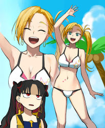 Rule 34 | 2girls, :d, aqua eyes, b suke, bare shoulders, bikini, black hair, blonde hair, blue sky, breasts, calamity jane (fate), cleavage, closed eyes, cloud, collarbone, commentary request, earrings, facial mark, fate/grand order, fate (series), highres, hoop earrings, ishtar (fate), jewelry, large breasts, long hair, multicolored hair, multiple girls, navel, open mouth, palm tree, red eyes, red hair, side ponytail, sky, smile, space ishtar (fate), space ishtar (second ascension) (fate), star (symbol), stomach tattoo, streaked hair, swimsuit, tattoo, tree, two-tone hair, two side up, white bikini, zoom layer