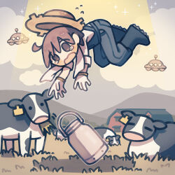 Rule 34 | 1boy, abduction, barn, blue overalls, blush, boots, brown eyes, brown hair, cloud, cloudy sky, cow, farm, farmer, field, floating, flying sweatdrops, full body, futami ya, gloves, hat, highres, male focus, milk churn, mountainous horizon, open mouth, original, outdoors, overalls, reaching, rubber boots, rural, shirt, sky, sleeves rolled up, solo, sparkle, straw hat, tearing up, towel, towel around neck, tractor beam, ufo, white gloves, white shirt, work gloves