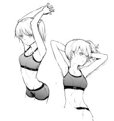 Rule 34 | 1girl, bike shorts, breasts, collarbone, greyscale, hair behind ear, highres, leaning forward, lying, monochrome, navel, open hands, original, own hands together, sadamatsu ryuuichi, side ponytail, sketch, small breasts, sports bra, stomach