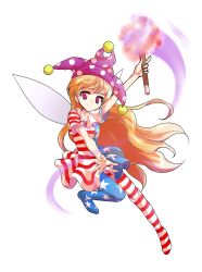 Rule 34 | 1girl, alphes (style), american flag dress, american flag legwear, arm up, bad id, bad pixiv id, blonde hair, closed mouth, clownpiece, collar, dairi, dress, fairy wings, fire, frilled collar, frilled shirt collar, frills, full body, hat, highres, jester cap, long hair, looking at viewer, outstretched arms, pantyhose, parody, pink eyes, polka dot, shirt, short sleeves, smile, solo, star (symbol), striped, style parody, tachi-e, torch, touhou, transparent background, very long hair, wings