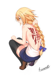 Rule 34 | 1girl, adjusting hair, back, back focus, back tattoo, backless outfit, black thighhighs, blonde hair, blue eyes, braid, fate/apocrypha, fate (series), jeanne d&#039;arc (fate), jeanne d&#039;arc (girl from orleans) (fate), jeanne d&#039;arc (ruler) (fate), kaname (melaninusa09), long hair, looking back, miniskirt, shoes, single braid, skirt, solo, squatting, tattoo, thighhighs, very long hair, white background