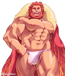 Rule 34 | 1boy, abs, absurdres, alternate facial hair, bara, bare pectorals, beard, beaugilliam, bulge, bursting pectorals, cape, cowboy shot, dark-skinned male, dark skin, facial hair, fate/zero, fate (series), fundoshi, fur-trimmed cape, fur trim, highres, iskandar (fate), japanese clothes, large pectorals, male focus, male underwear, mature male, muscular, muscular male, navel, nipples, no pants, paid reward available, pectorals, red eyes, red hair, paid reward available, short hair, solo, stomach, thick thighs, thighs, underwear, white male underwear