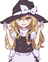 Rule 34 | 1girl, absurdres, apron, black dress, blonde hair, blush stickers, bow, braid, buttons, dress, hat, hat bow, highres, kame (kamepan44231), kirisame marisa, long hair, one-hour drawing challenge, puffy sleeves, short sleeves, side braid, simple background, single braid, solo, sweatdrop, touhou, waist apron, white background, white bow, witch hat, yellow eyes