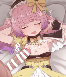 Rule 34 | 1boy, 1girl, armpits, arms behind head, arms up, asymmetrical sleeves, atelier (series), atelier lydie &amp; suelle, bar censor, bed, bed sheet, bow, breasts, breasts out, censored, closed eyes, clothes down, cum, cum on body, cum on breasts, cum on upper body, dress, drooling, erection, eyebrows, facing viewer, fang, frilled hairband, frills, from above, gradient hair, hair bow, hair ornament, hairband, hetero, long hair, lying, multicolored hair, on back, on bed, open mouth, penis, penis to breast, pillow, pink hair, purple hair, sleep molestation, sleeping, small breasts, solo focus, steam, suelle marlen, sumiyao (amam), two-tone hair, upper body, veins, veiny penis, yellow bow, zzz