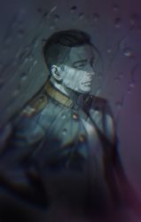 Rule 34 | 1boy, black eyes, black hair, blue jacket, blurry foreground, buttons, collared jacket, facial hair, facial scar, golden kamuy, hair slicked back, hair strand, highres, imperial japanese army, jacket, light smile, looking to the side, male focus, military, military uniform, ogata hyakunosuke, rain, scar, scar on cheek, scar on face, short hair, simple background, solo, stubble, undercut, uniform, w55674570w