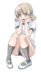 Rule 34 | 1girl, aki (girls und panzer), blue buruma, bright pupils, buruma, commentary, full body, girls und panzer, green eyes, grey socks, gym shirt, gym uniform, hair tie, head rest, highres, light brown hair, looking at viewer, low twintails, open mouth, ponzu rui, shirt, shoes, short hair, short sleeves, short twintails, simple background, smile, socks, solo, squatting, t-shirt, twintails, uwabaki, white background, white footwear, white pupils, white shirt