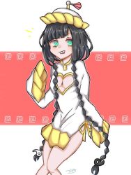 Rule 34 | 1girl, alternate skin color, artist request, black hair, breasts, chest cutout, chinese clothes, cleavage, colored skin, fantasy, feet out of frame, green eyes, grin, hand up, jiangshi, long hair, looking at viewer, niang-niang, ofuda, pink skin, small breasts, smile, solo, teeth, toaru majutsu no index, toaru majutsu no index: new testament, undead, very long hair, very long sleeves, wide sleeves, yin yang