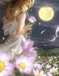 Rule 34 | 1girl, feathers, female focus, field, flower, lowres, moon, nature, original, outdoors, plant, sky, solo
