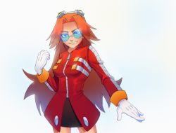 Rule 34 | 1girl, black skirt, blue-tinted eyewear, blue-tinted glasses, blue eyes, breasts, clenched hand, commentary, dr. eggman, eggma&#039;am, english commentary, female focus, genderswap, genderswap (mtf), glasses, gloves, goggles, goggles on head, grin, highres, jacket, looking at viewer, medium breasts, orange hair, parted bangs, red jacket, rero (rero nn), round eyewear, skirt, smile, solo, sonic (series), sunglasses, tinted eyewear, v-shaped eyebrows, white background, white gloves