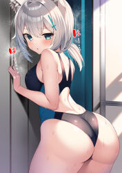 Rule 34 | 1girl, animal ear fluff, animal ears, ass, black one-piece swimsuit, blue archive, blue eyes, breasts, competition swimsuit, covered navel, cowboy shot, cross hair ornament, extra ears, grey hair, hair ornament, halo, highres, locker, looking at viewer, low ponytail, medium breasts, medium hair, mismatched pupils, multicolored clothes, multicolored swimsuit, natsuki shuri, one-piece swimsuit, shiroko (blue archive), shiroko (swimsuit) (blue archive), solo, swimsuit, wedgie