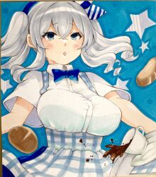 Rule 34 | 1girl, absurdres, apron, blue apron, blue background, blue bow, blue skirt, bow, bowtie, bread, breasts, checkered apron, checkered clothes, coffee cup, cup, disposable cup, food, gingham, grey hair, highres, kantai collection, kashima (kancolle), kobeya uniform, large breasts, long hair, plaid, plaid apron, pleated shirt, short sleeves, skirt, solo, traditional media, twintails, upper body, user xdhg7247, waitress