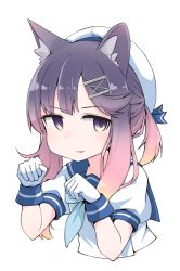 Rule 34 | 1girl, aki inu, animal ear fluff, animal ears, beret, blue neckerchief, blue sailor collar, cat ears, cropped torso, gloves, gradient hair, hair ornament, hairclip, hands up, hat, kantai collection, kemonomimi mode, light brown hair, long hair, looking at viewer, multicolored hair, neckerchief, parted lips, paw pose, ponytail, puffy short sleeves, puffy sleeves, purple eyes, purple hair, sailor collar, school uniform, serafuku, shirt, short sleeves, sidelocks, simple background, smile, solo, tsushima (kancolle), upper body, white background, white gloves, white hat, white shirt