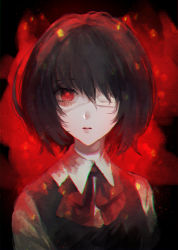 Rule 34 | 1girl, another, black hair, black vest, chromatic aberration, close-up, collared shirt, eyepatch, hair between eyes, highres, lips, looking at viewer, maria (maria rose), misaki mei, neck ribbon, open mouth, pale skin, red eyes, red ribbon, ribbon, school uniform, shirt, short hair, simple background, solo, vest, white shirt, yumepon