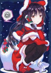 Rule 34 | 1girl, alternate costume, black hair, black thighhighs, blue background, boots, bow, box, brown eyes, capelet, commentary request, elbow gloves, gift, gift box, gloves, hair between eyes, hair tubes, hakurei reimu, head rest, highres, kittona, long hair, looking at viewer, miniskirt, pom pom (clothes), red bow, red capelet, red footwear, red gloves, red skirt, red vest, sack, santa costume, shadow, sidelocks, skirt, skirt set, snowing, solo, spoken squiggle, squatting, squiggle, sweat, thighhighs, touhou, traditional media, very long hair, vest, zettai ryouiki