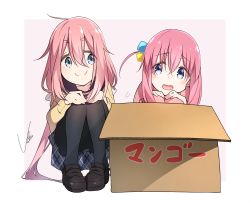Rule 34 | 2girls, black pantyhose, blue eyes, bocchi the rock!, box, cardboard box, color connection, company connection, crossover, cube hair ornament, female focus, gotoh hitori, hair color connection, hair ornament, highres, in box, in container, kagamihara nadeshiko, long hair, manga time kirara, motosu school uniform, multiple girls, pantyhose, pink hair, school uniform, simple background, smile, trait connection, twintails, yasu (pixiv), yurucamp