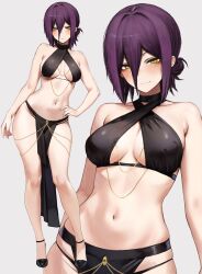 Rule 34 | 1girl, black choker, breasts, chainsaw man, choker, commentary, criss-cross halter, deyo (nicijyou), halterneck, hand on own hip, highres, legs, looking at viewer, medium breasts, meme attire, navel, pelvic curtain, purple hair, reze (chainsaw man), simple background, solo, standing, thighs, white background, yellow eyes, yomorio lingerie