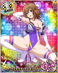 Rule 34 | 1girl, ahoge, arm behind head, boots, breasts, brown hair, card (medium), chess piece, cleavage, covered navel, crossed bangs, elbow gloves, female focus, gloves, hair between eyes, high heel boots, high heels, high school dxd, highleg, highleg leotard, large breasts, leotard, mature female, official art, open mouth, purple eyes, purple leotard, queen (chess), smile, solo, squatting, thigh boots, thighhighs, venelana gremory, white gloves, white thighhighs