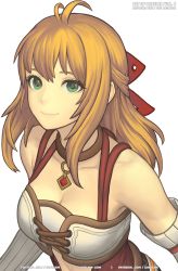 Rule 34 | 1girl, blonde hair, breasts, cleavage, detached sleeves, fiora (xenoblade), from above, gofelem, green eyes, long hair, looking at viewer, medium breasts, nintendo, simple background, smile, solo, upper body, white background, xenoblade chronicles (series), xenoblade chronicles 1, xenoblade chronicles (series)