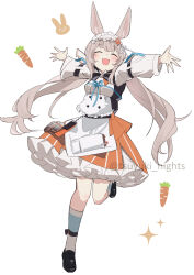 Rule 34 | 1girl, :d, ^ ^, animal ears, arknights, arms up, black bow, black bowtie, black footwear, blush, bow, bowtie, brown hair, carrot, closed eyes, frilled skirt, frills, full body, long hair, long sleeves, open mouth, orange skirt, rabbit ears, rabbit girl, shirt, shoes, simple background, skirt, smile, socks, solo, standing, standing on one leg, tsuyuki yuki, twintails, twitter username, very long hair, warmy (arknights), white background, white socks