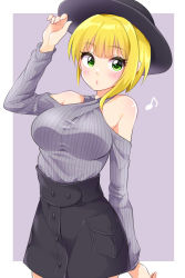 Rule 34 | 10s, 1girl, arm behind back, asymmetrical hair, black hat, blonde hair, blush, breasts, buttons, clothing cutout, commentary request, green eyes, halterneck, hat, idolmaster, idolmaster cinderella girls, large breasts, long sleeves, miyamoto frederica, musical note, outside border, quaver, shirt, shoulder cutout, sidelocks, skirt, solo, standing, striped clothes, striped shirt, trente