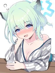 Rule 34 | 1girl, :d, animal ears, aoraine, aqua hair, arm rest, blue archive, blue halo, blush, breasts, cleavage, collarbone, cup, drink, eyelashes, grey kimono, hair between eyes, halo, hand up, head on hand, head rest, head tilt, highres, holding, holding cup, japanese clothes, kimono, long sleeves, looking at viewer, medium breasts, nose blush, off shoulder, open mouth, pink eyes, shigure (blue archive), short hair, single bare shoulder, smile, solo, upper body, yukata