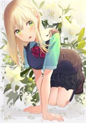 Rule 34 | 1girl, all fours, black skirt, blonde hair, blush, bow, braid, breasts, brown footwear, collared shirt, commentary request, diagonal stripes, flower, green eyes, green shirt, hair between eyes, highres, kneehighs, loafers, long hair, looking at viewer, medium breasts, open mouth, original, pleated skirt, poligon (046), red bow, school uniform, shirt, shoes, short sleeves, skirt, socks, solo, striped, striped bow, sweater vest, white flower