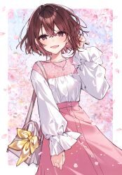 Rule 34 | 1girl, :d, bag, brown eyes, brown hair, button up skirt, cherry blossoms, collarbone, commentary request, falling petals, framed, hanagata, hand to head, hand up, high-waist skirt, highres, hoshimi-kun no produce, jewelry, kokone shiya, long sleeves, looking at viewer, necklace, novel illustration, official art, open mouth, pendant, petals, pink skirt, puffy long sleeves, puffy sleeves, ribbon, shirt, short hair, shoulder bag, skirt, smile, solo, white shirt, yellow ribbon