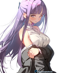 Rule 34 | 1girl, bare shoulders, black coat, blunt bangs, breasts, closed mouth, coat, commentary, dress, english commentary, fern (sousou no frieren), grabbing own arm, half updo, highres, large breasts, long hair, looking at viewer, off shoulder, patreon username, purple eyes, purple hair, simple background, sleeveless, sleeveless dress, sleeveless turtleneck dress, solo, sousou no frieren, sydus, upper body, white background, white dress