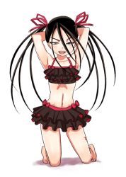 Rule 34 | 1boy, androgynous, armpits, arms behind head, barefoot, black hair, bow, crop top, crossdressing, envy (fma), frills, fullmetal alchemist, hiroshi (kitaro), homunculus, kneeling, long hair, male focus, midriff, open mouth, ouroboros, ribbon, skirt, smile, solo, tattoo, trap, twintails