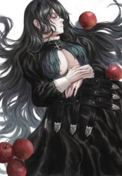 Rule 34 | 1girl, absurdres, apple, black dress, black hair, breasts, cleavage, dress, closed eyes, female focus, food, from above, fruit, gold can, goth fashion, hair spread out, highres, juliet sleeves, large breasts, long hair, long sleeves, original, puffy sleeves, red apple, sleeping, snow white, solo