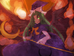 Rule 34 | 1girl, bow, bowtie, crescent, demon wings, faux traditional media, female focus, green hair, hat, long hair, mima (touhou), open mouth, ribbon, saiho, solo, staff, touhou, touhou (pc-98), traditional media, weapon, wings, wizard hat, yellow eyes